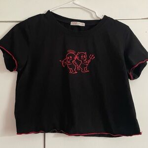 ROMWE Black and Red Angel & Devil Lettuce Trim Cropped Baby Tee — Women’s Size M